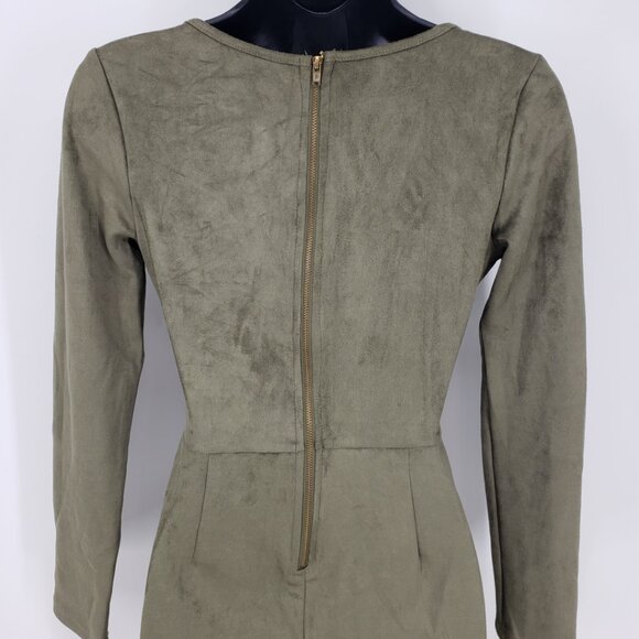 3/$25 Windsor Faux Suede Mini Sheath Dress S Long Sleeves V Neck Olive Green - Picture 7 of 10